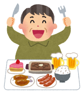 高カロリーな食事をする人のイラスト