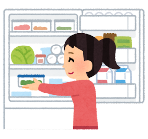 冷蔵庫に食品をしまう人のイラスト