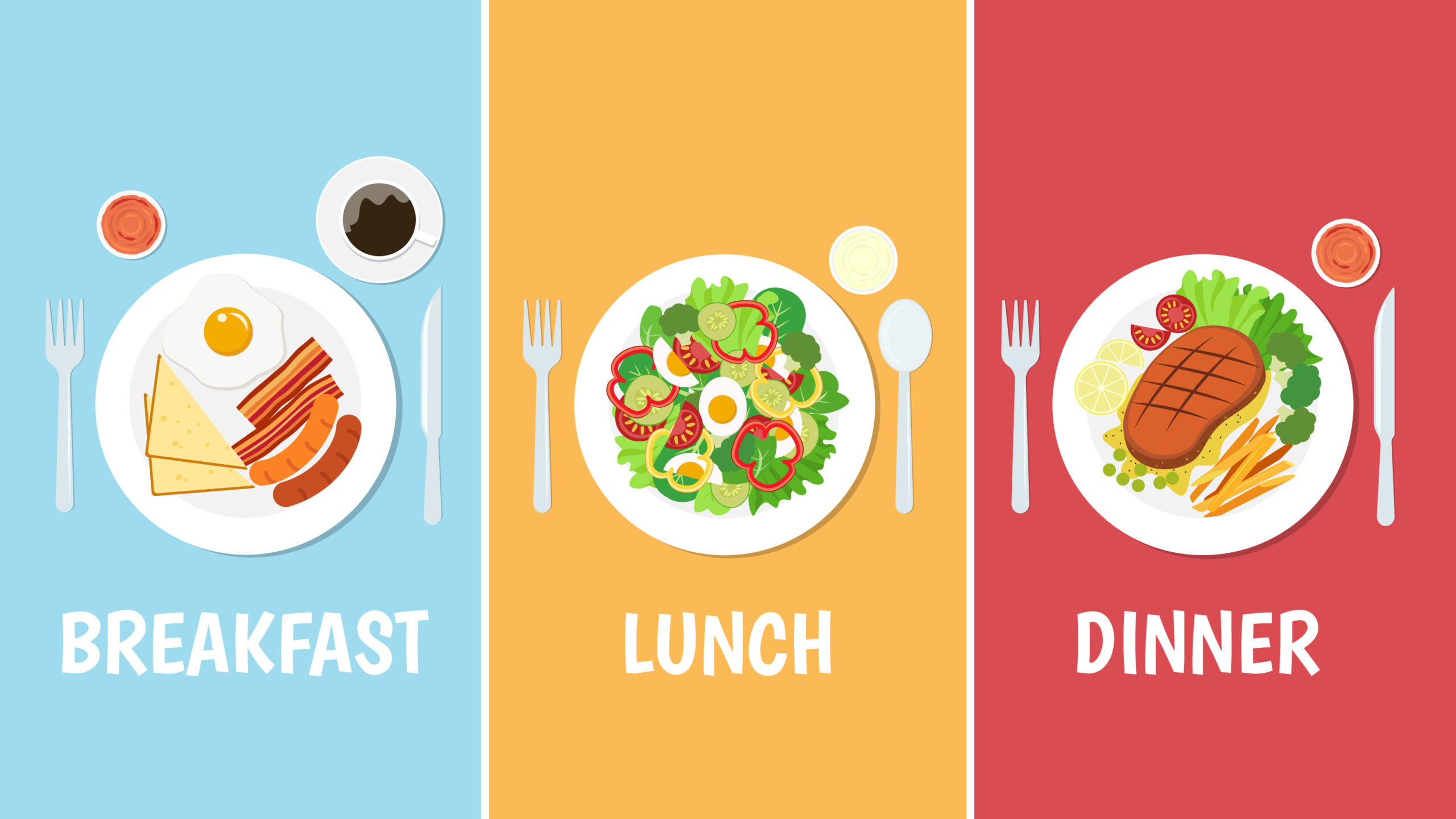 Vector,Illustration,Of,Breakfast,Lunch,And,Dinner,Set,On,Colorful