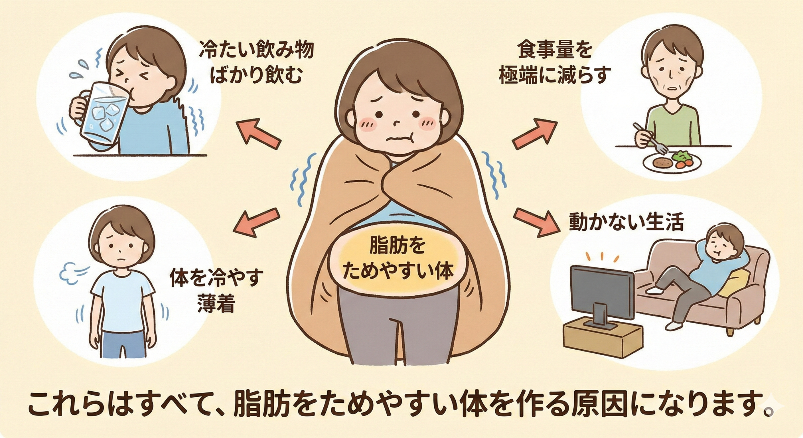 「脂肪をためやすい体」を作る原因を説明するイメージ