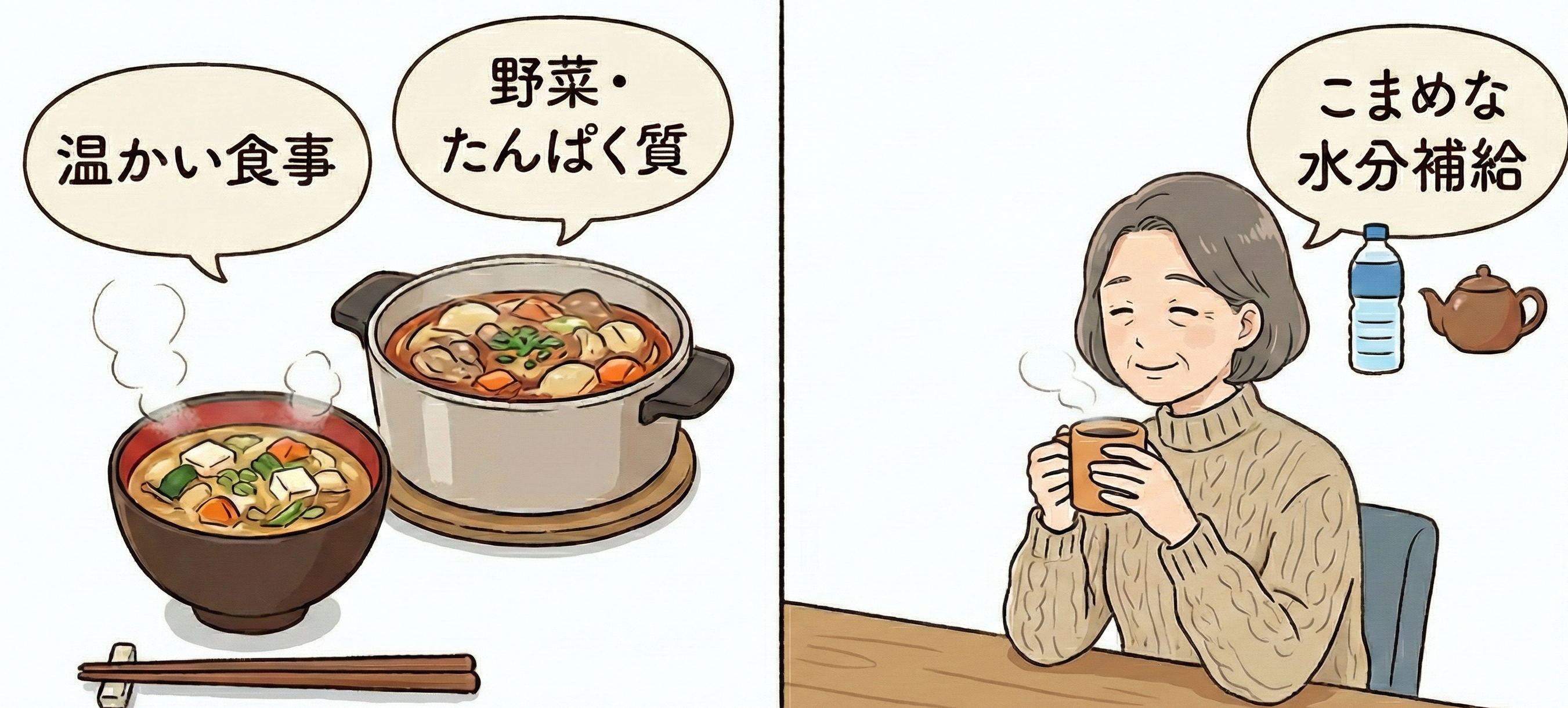 温かい食事とこまめな水分補給のイメージ