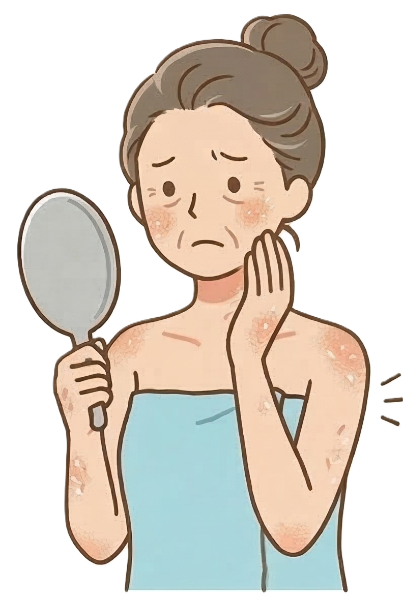 季節の変わり目の肌の乾燥に悩むバスタオル姿の中年女性のイラスト。「なんだか最近、肌が乾燥している気がする…」「お風呂上がりにカサつきが気になる…」という表情が描かれています。