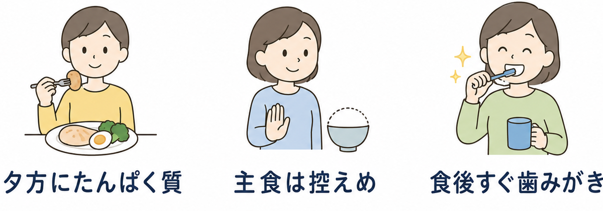 夕方にたんぱく質を少し入れておく、帰宅後の主食を控えめにする、夕食後すぐ歯を磨くなど、夜の食欲が暴走しにくい流れ