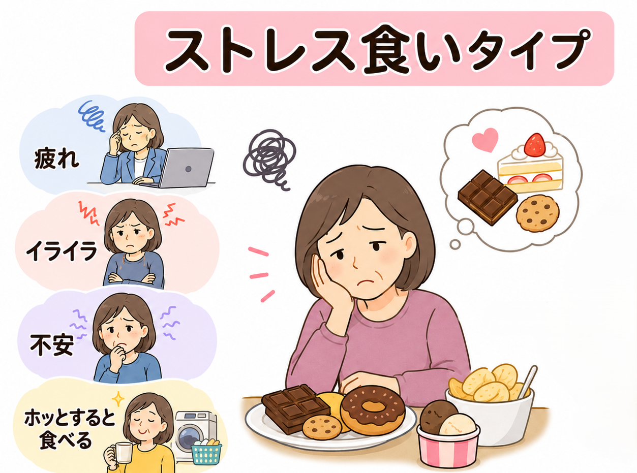 空腹ではなく、疲れ、イライラ、不安、仕事後の解放感で食べてしまうタイプ