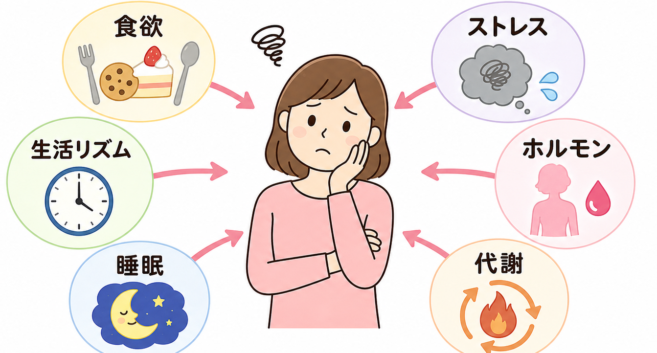 ダイエットが続かない原因は、必ずしも意志の弱さではありません。食欲、生活リズム、睡眠、ストレス、ホルモン、代謝など、体の仕組みが深く関係していることがあります。