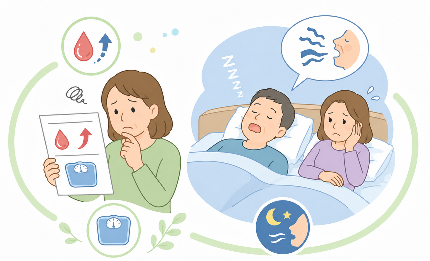 健診で血糖値や体重を指摘されている。 あるいはご家族から「いびきがひどい」と言われたままになっている方のイメージ