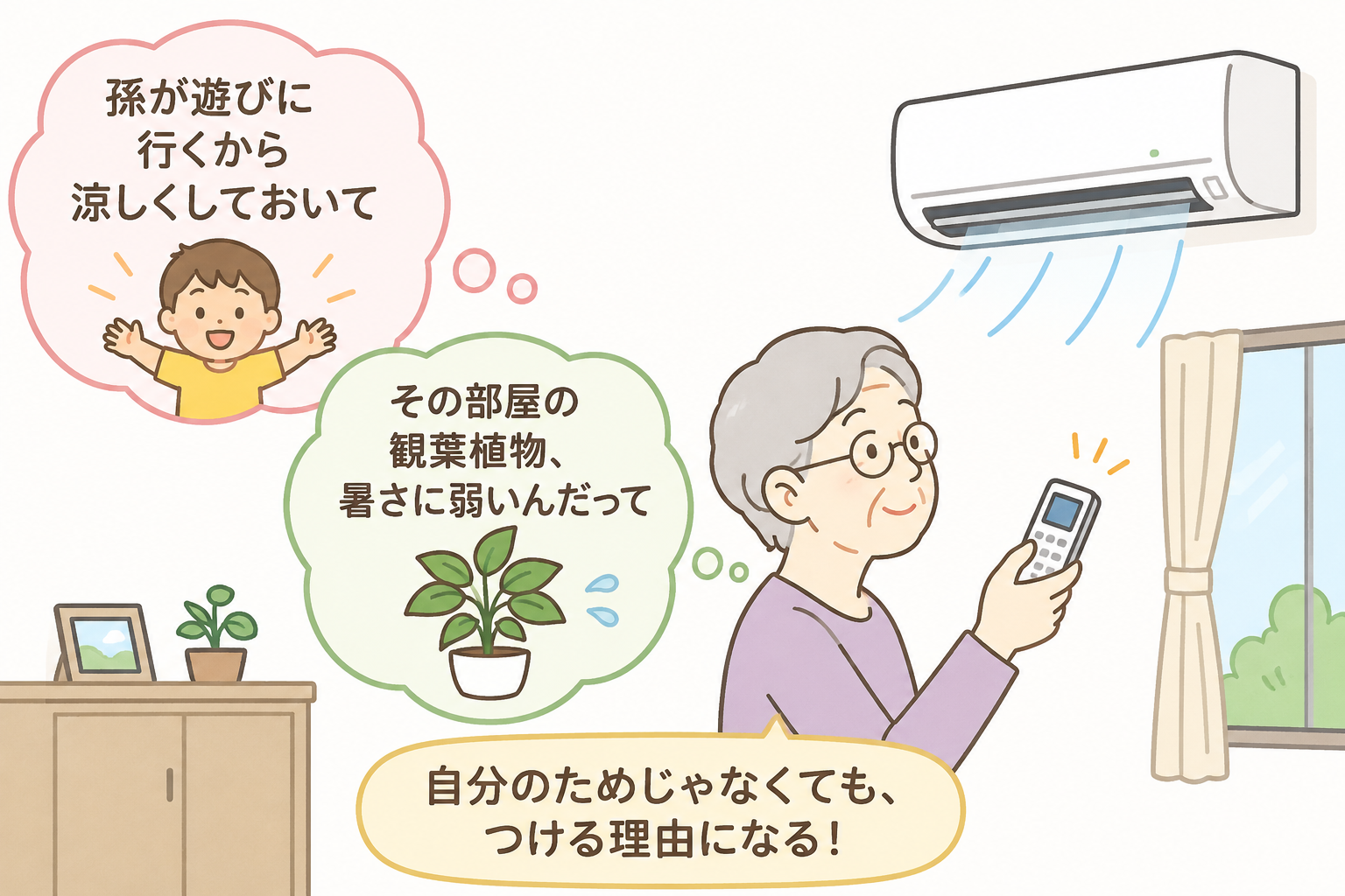 自分以外の誰か(何か)のためなら、すんなりエアコンをつけてくれる様子