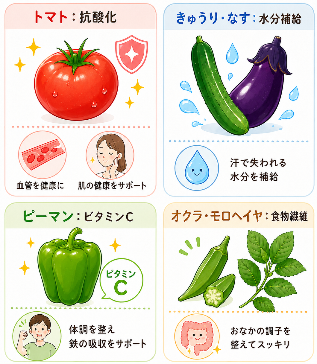「旬の夏野菜」です。旬の野菜はおいしいだけでなく、その季節の体にうれしい栄養がたっぷり含まれています。