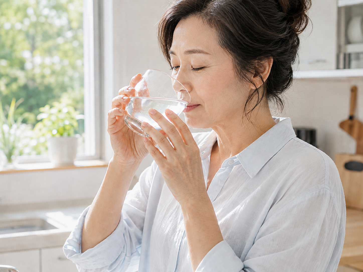 朝にコップ一杯の白湯を飲む様子