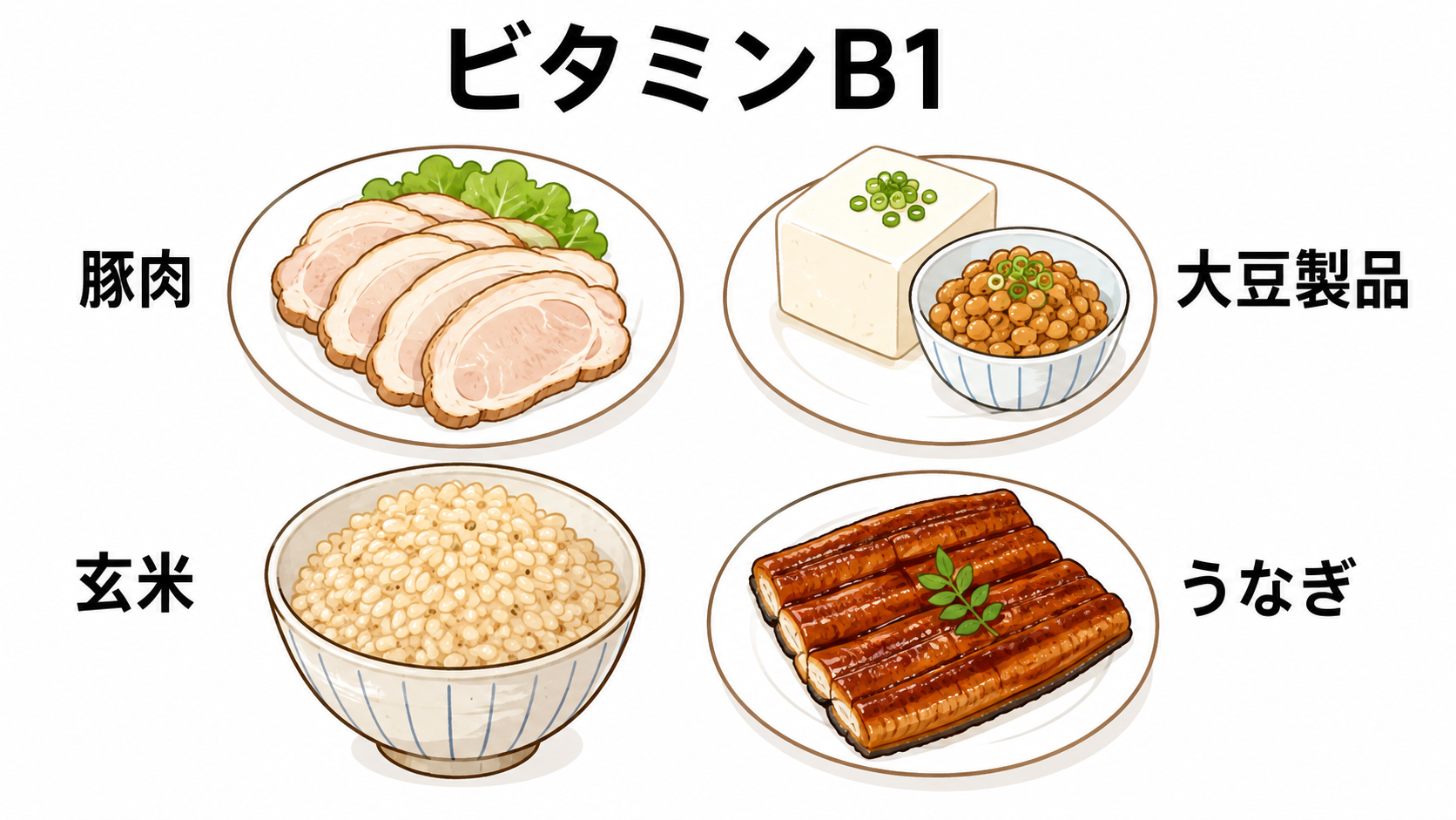 ビタミンB1を多く含む食品（豚肉・大豆製品・玄米・うなぎ）を示す図