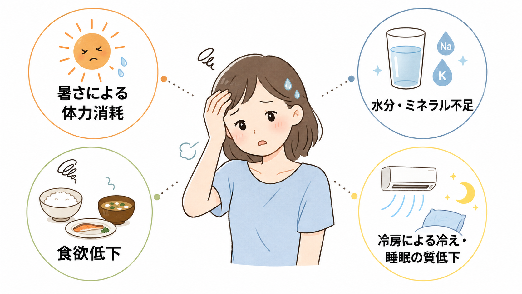 夏の疲れが起こる理由（体力消耗・水分不足・食欲低下・冷え）を示す図