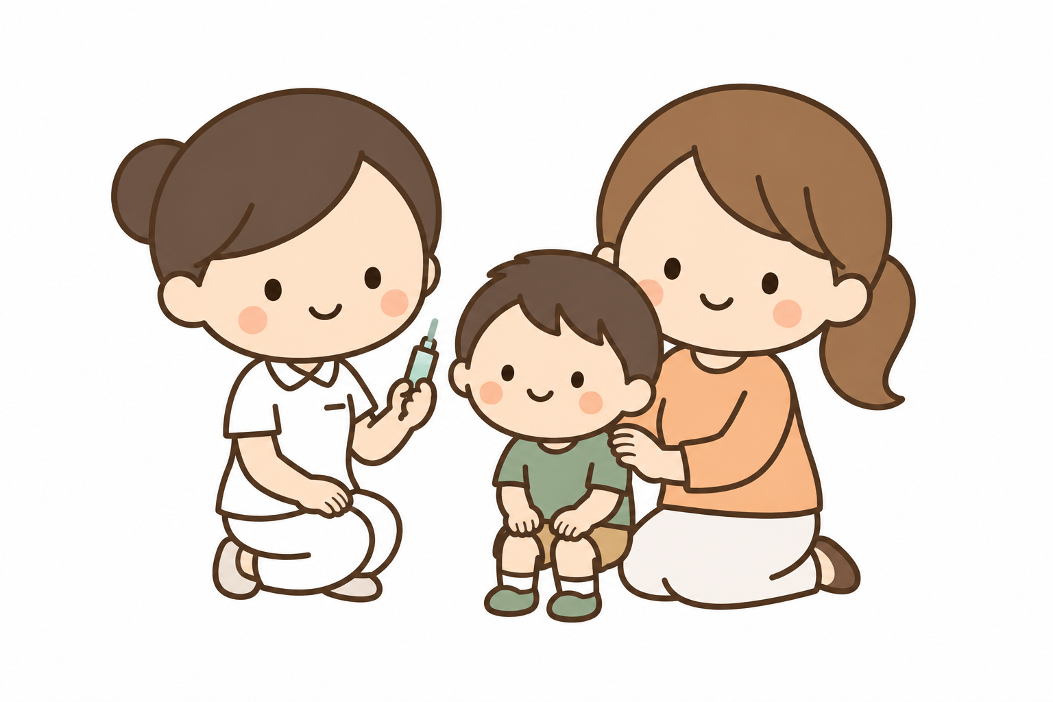 注射器を持つ看護師と、接種を受ける子ども・保護者のイラスト