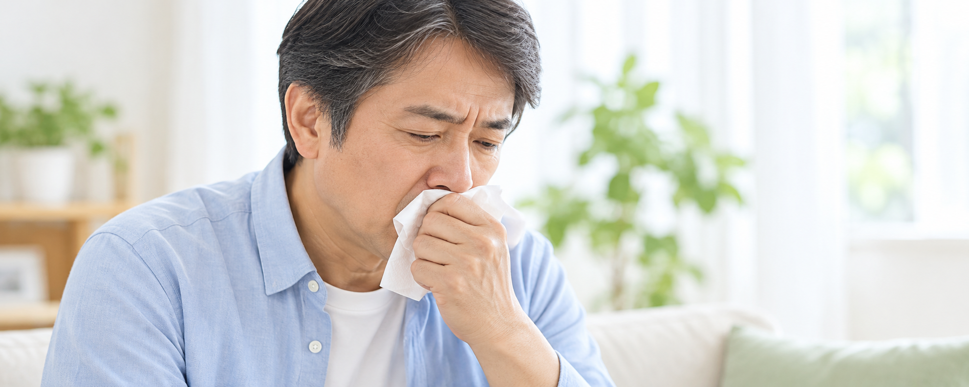ティッシュで口元を覆い、咳をする男性のイメージ