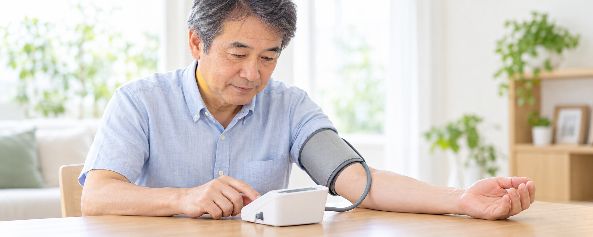上腕式血圧計で血圧を測定する男性のイメージ